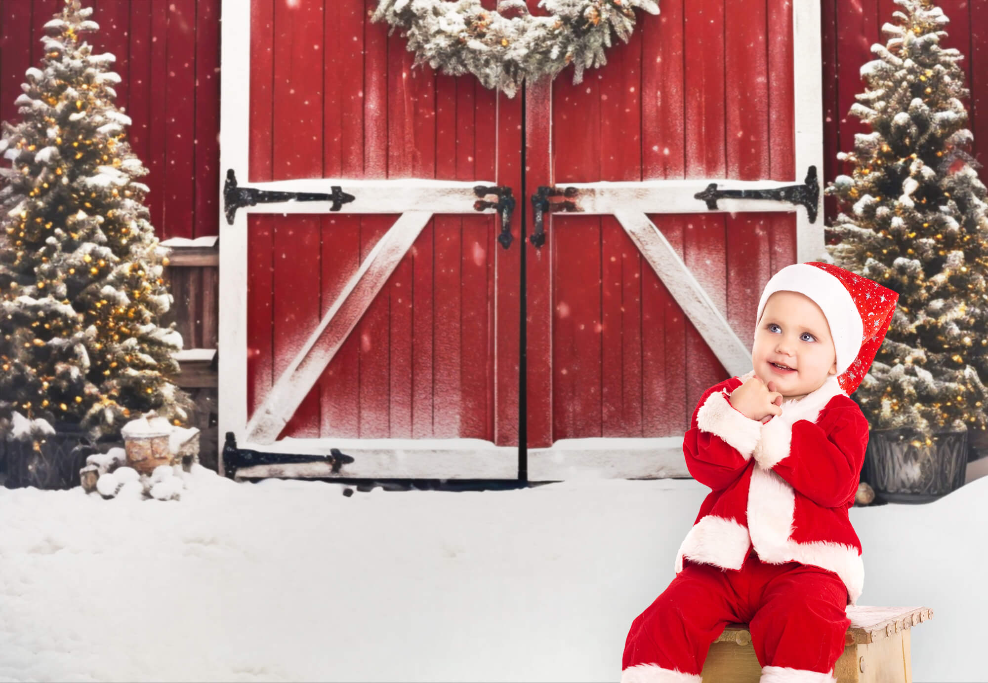 Christmas Snowy Tree Red Barn Backdrop M8-64