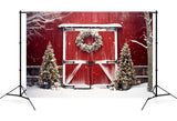 Christmas Snowy Tree Red Barn Backdrop M8-64