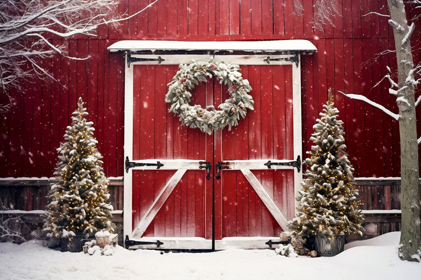 Christmas Snowy Tree Red Barn Backdrop