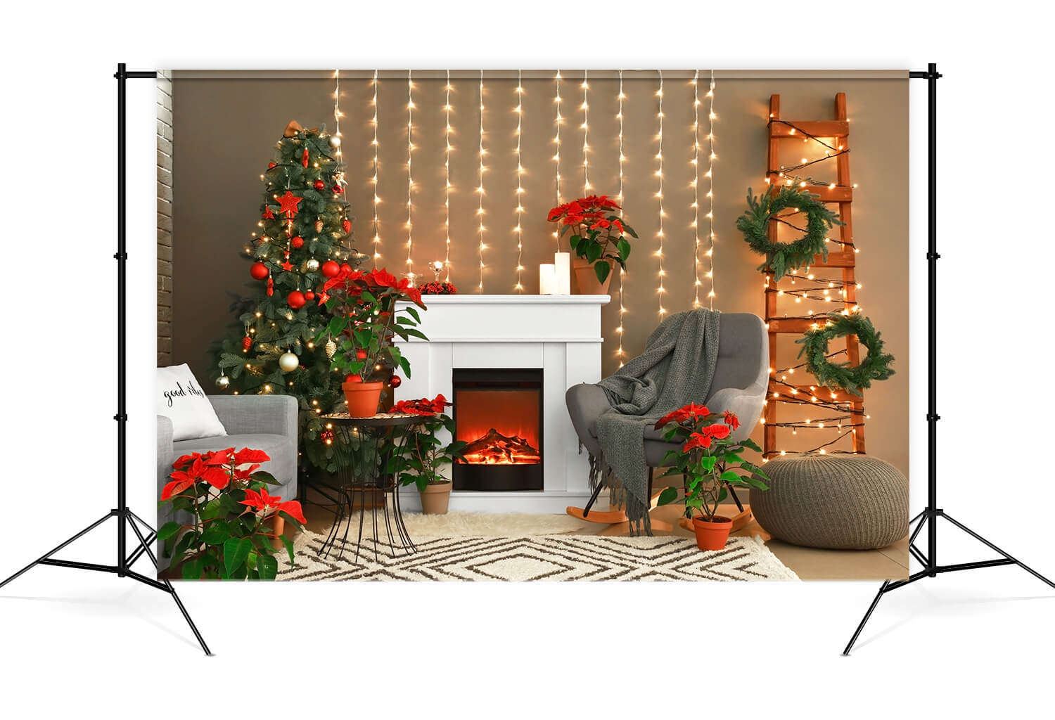 Christmas Cozy Fireplace Lights Tree Backdrop M8-69