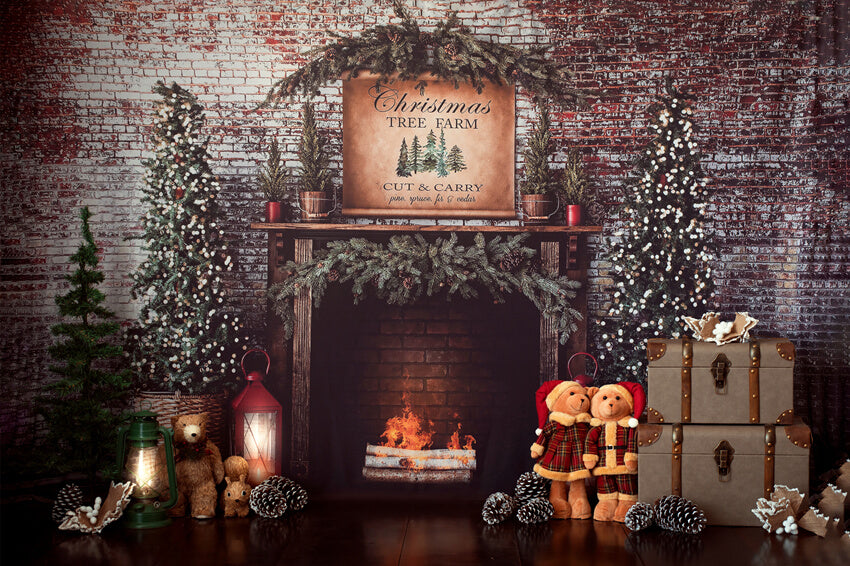 Christmas Tree Fireplace Brick Wall Backdrop M8-77