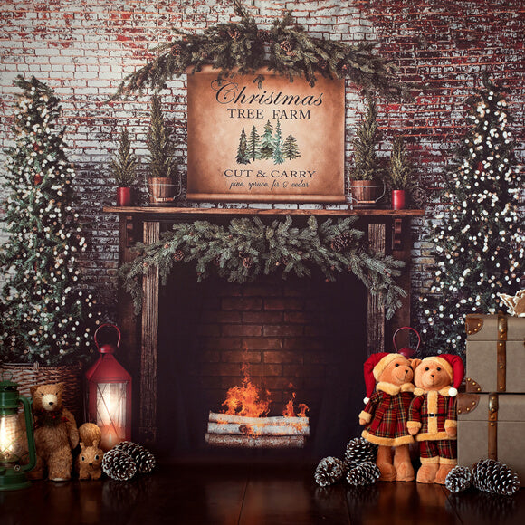 Christmas Tree Fireplace Brick Wall Backdrop M8-77