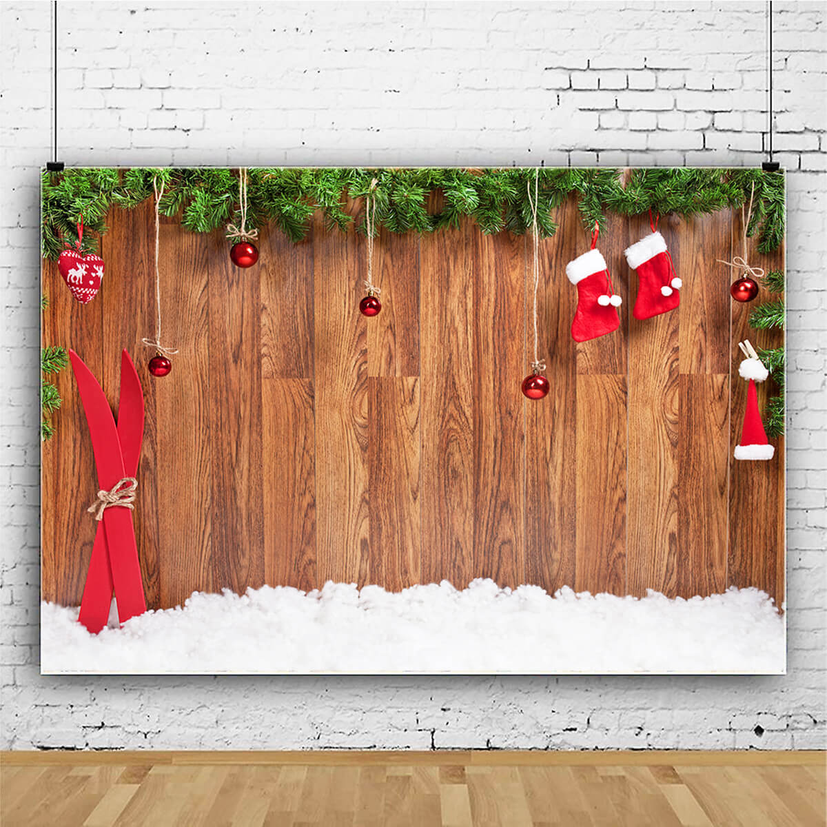 Christmas Stockings Wood Plank Snow Backdrop M9-04