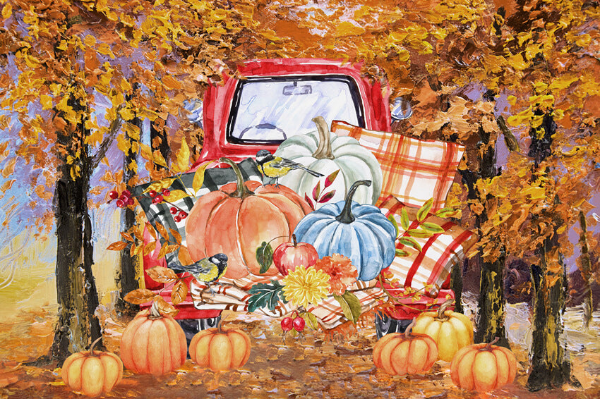 Fall Red Truck Pumpkin Thanksgiving Day Backdrop 