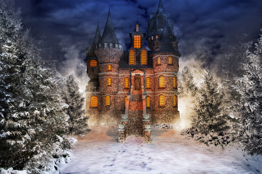 Winter Snowy Forest Fairytale Castle Backdrop