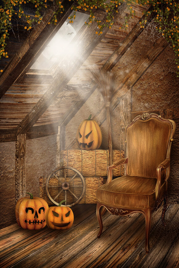 Halloween Old Attic Pumpkins Armchair Backdrop 