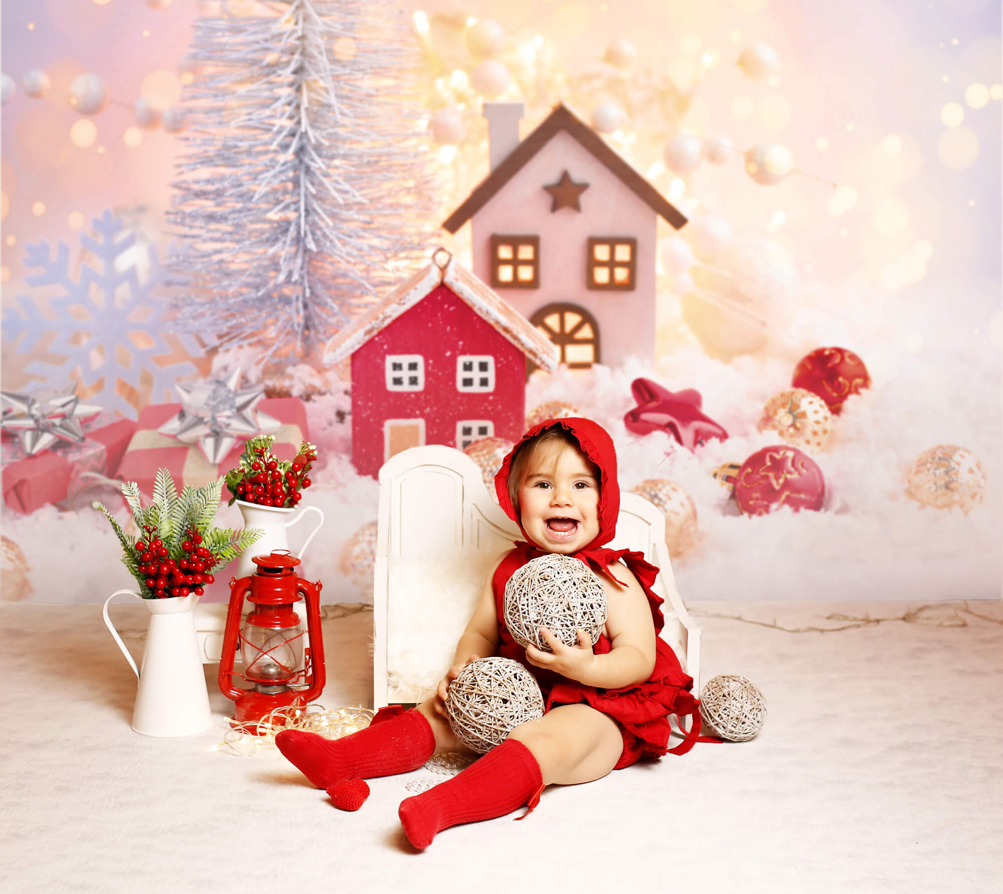 Christmas Balls Snowflake Cabin Bokeh Backdrop M9-71