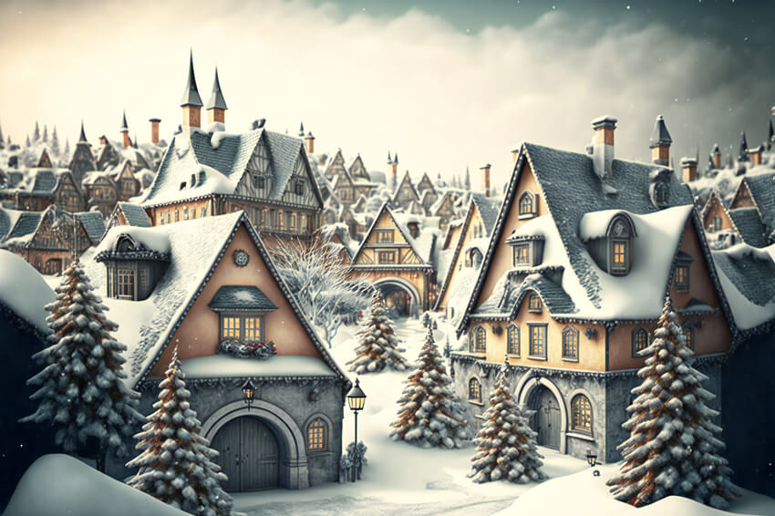 Winter Snowy Village Christmas Tree Backdrop