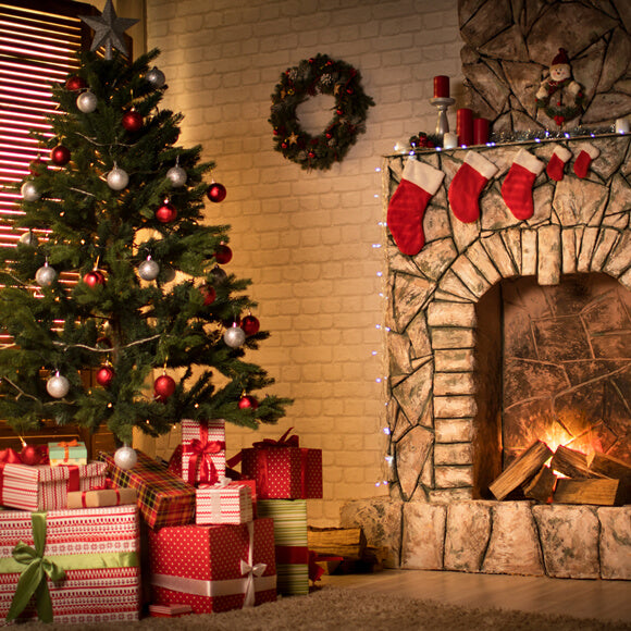 Decorated Christmas Tree Fireplace Backdrop M9-80