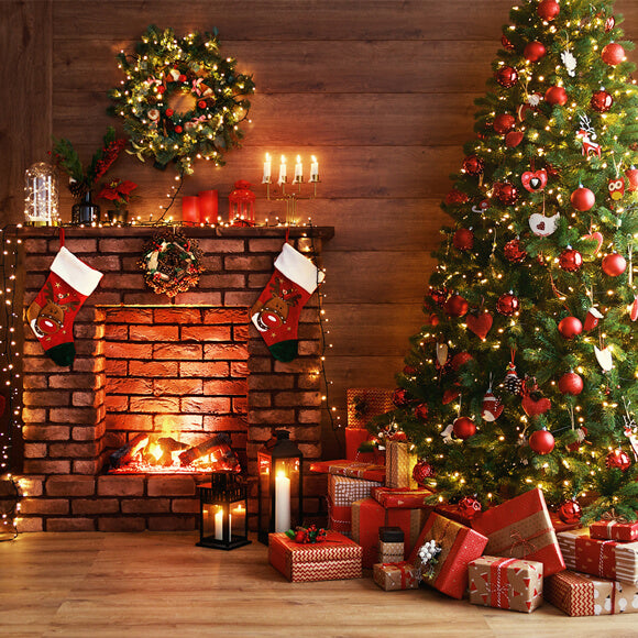 8x8ft Christmas Glowing Tree Fireplace Gifts Backdrop M9-81 (only 1)