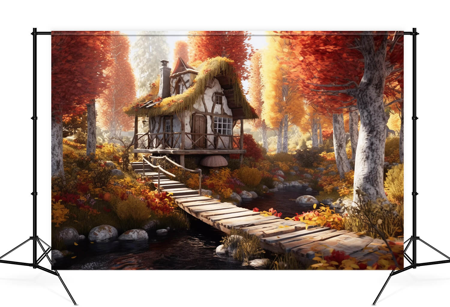 Autumn Maple Leaves Forest Cottage Backdrop M9-86