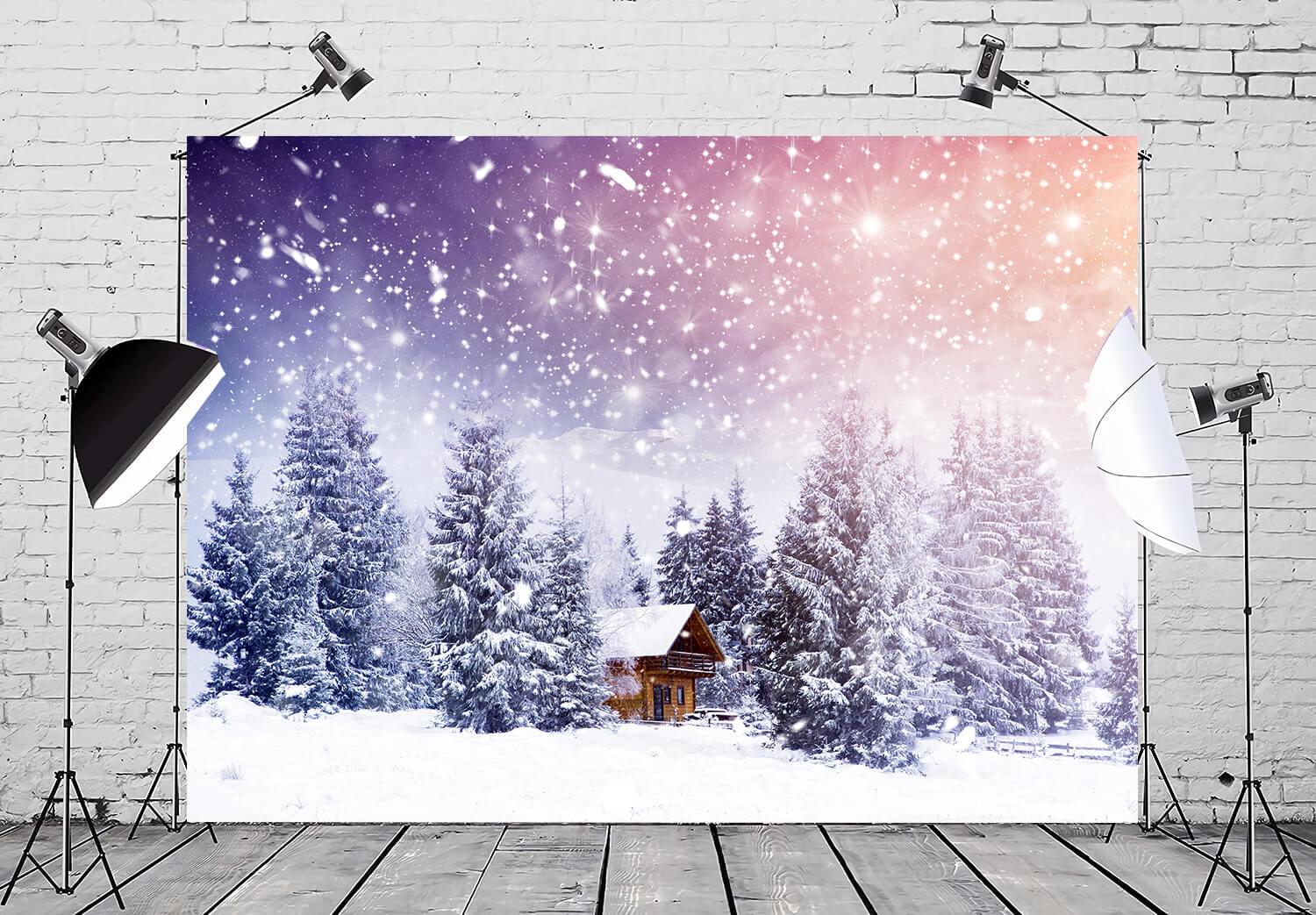 Fairytale Winter Landscape Wooden Cottage Falling Snow Backdrop MA-16