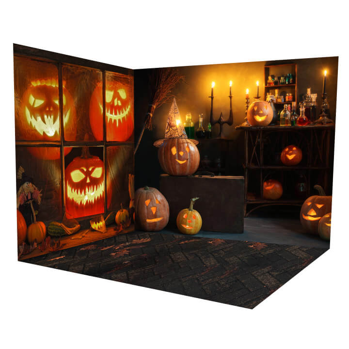 Halloween Pumpkins Ghost Lantern Backdrop Room Set