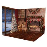 Christmas Tree Night Window Fireplace Backdrop Room Set