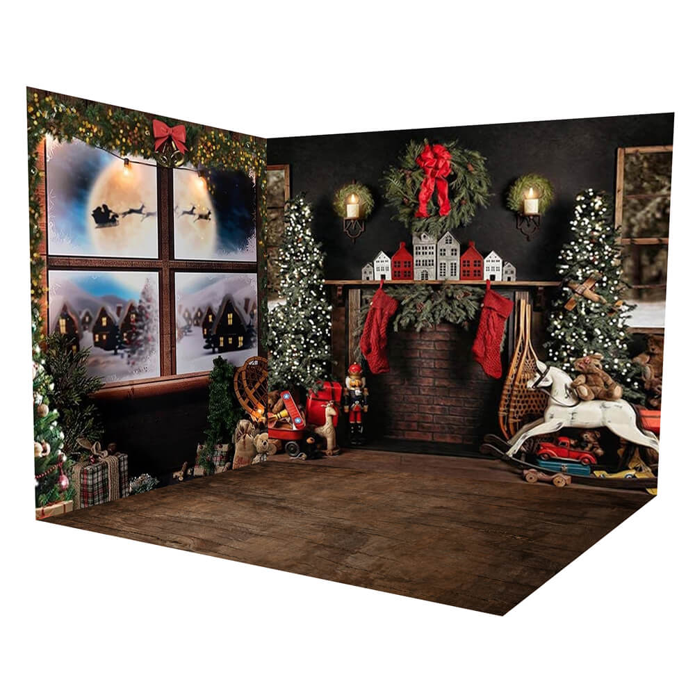 Christmas Trees Garland Snowy Window Backdrop Room Set