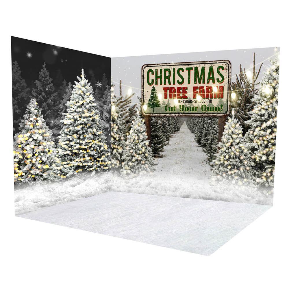 Christmas Tree Farm Winter Snowy Forest Backdrop Room Set