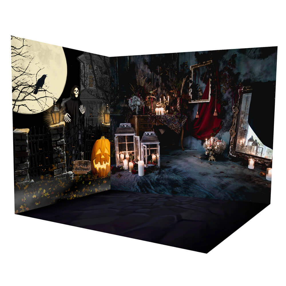 Halloween Spooky Ghost Candles Backdrop Room Set