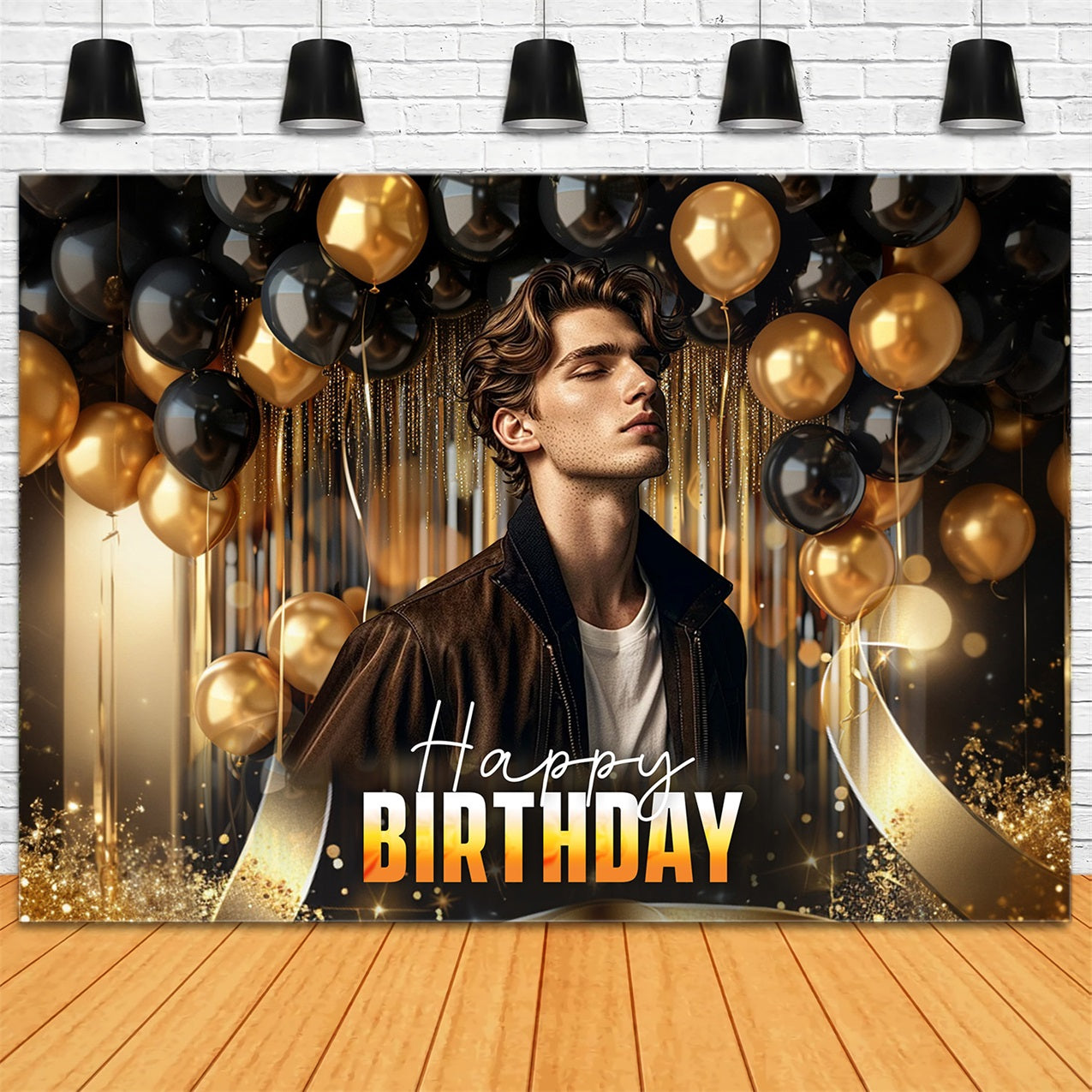 Customize Birthday Backdrop Black Gold Balloon Scene Backdrop RR1-100