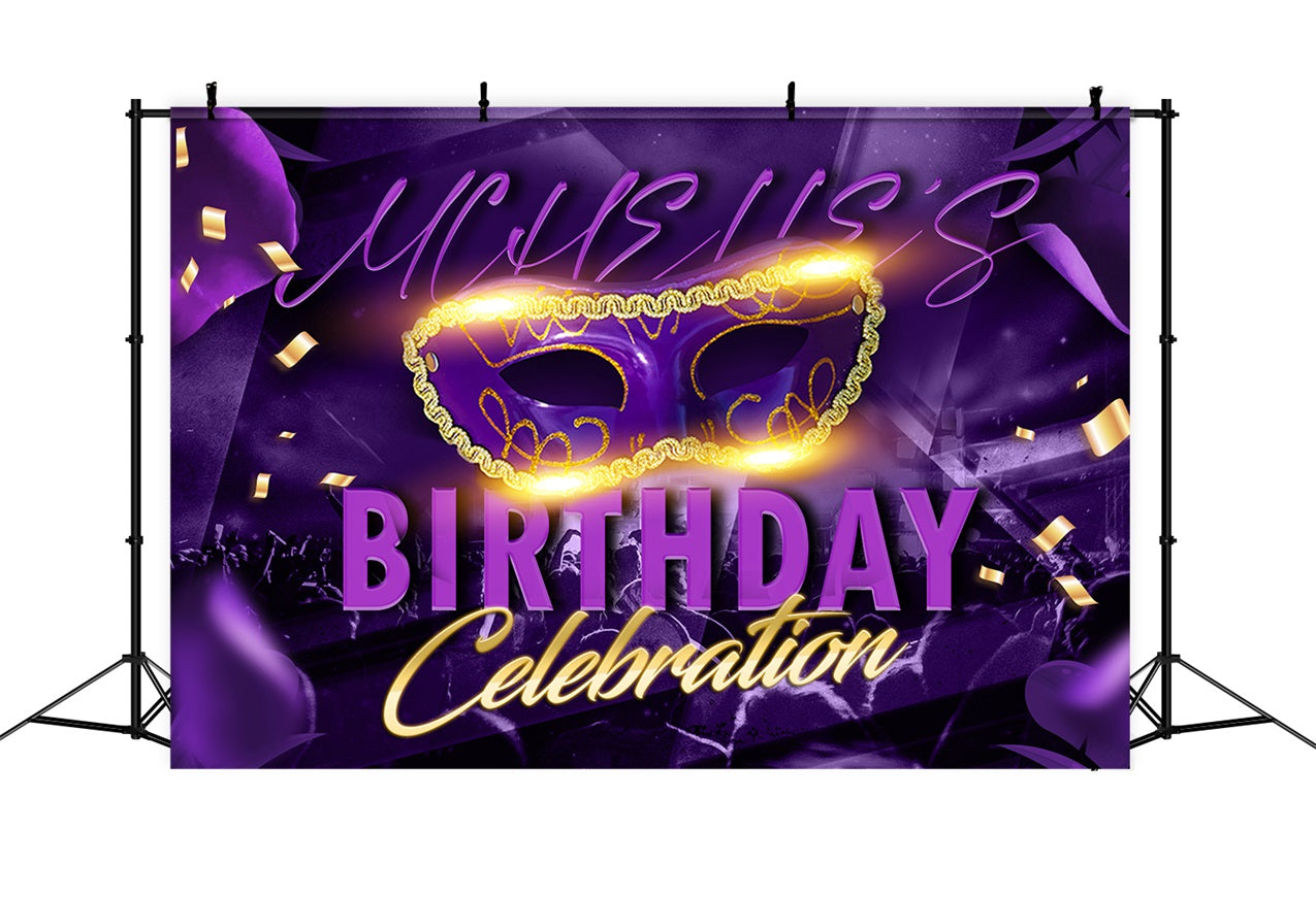 Customized Birthday Backdrops Masquerade Purple Glitter Celebration Backdrop RR1-104