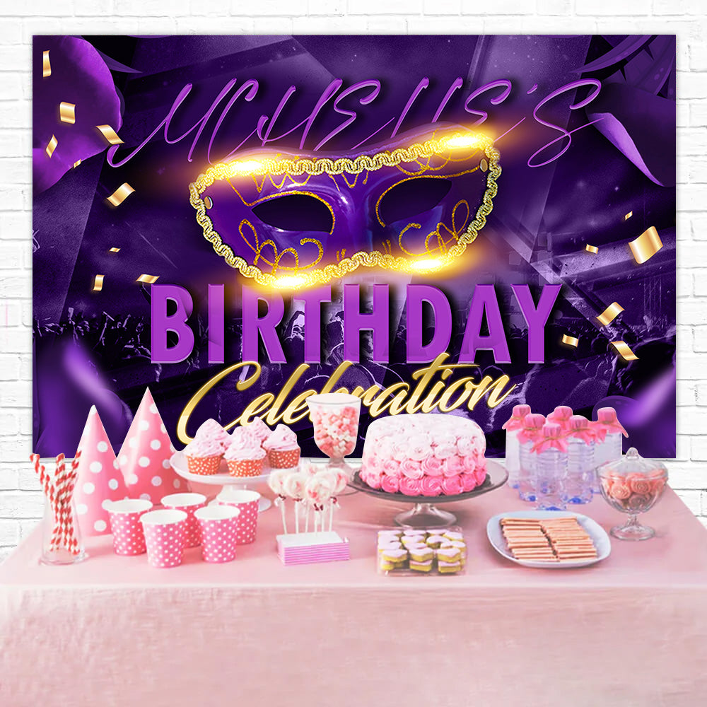 Customized Birthday Backdrops Masquerade Purple Glitter Celebration Backdrop RR1-104