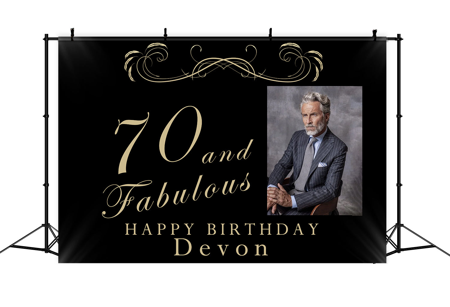 70th Birthday Backdrop Classic Black Gold Celebration Backdrop RR1-12