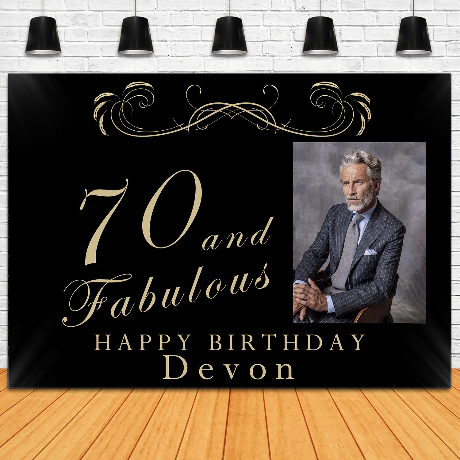 70th Birthday Backdrop Classic Black Gold Celebration Backdrop RR1-12