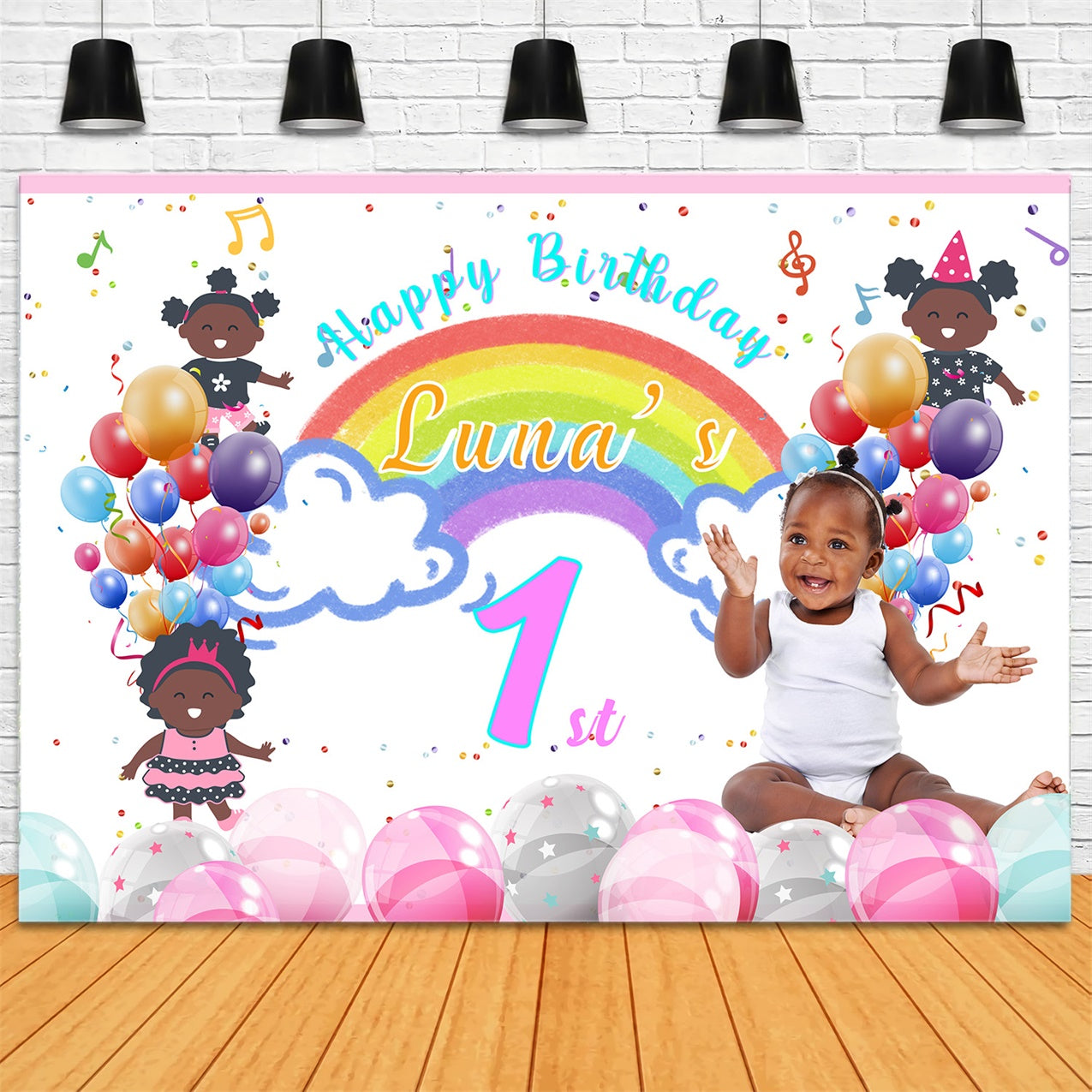 1st Birthday Backdrop Rainbow Balloons Celebration Backdrop RR1-15