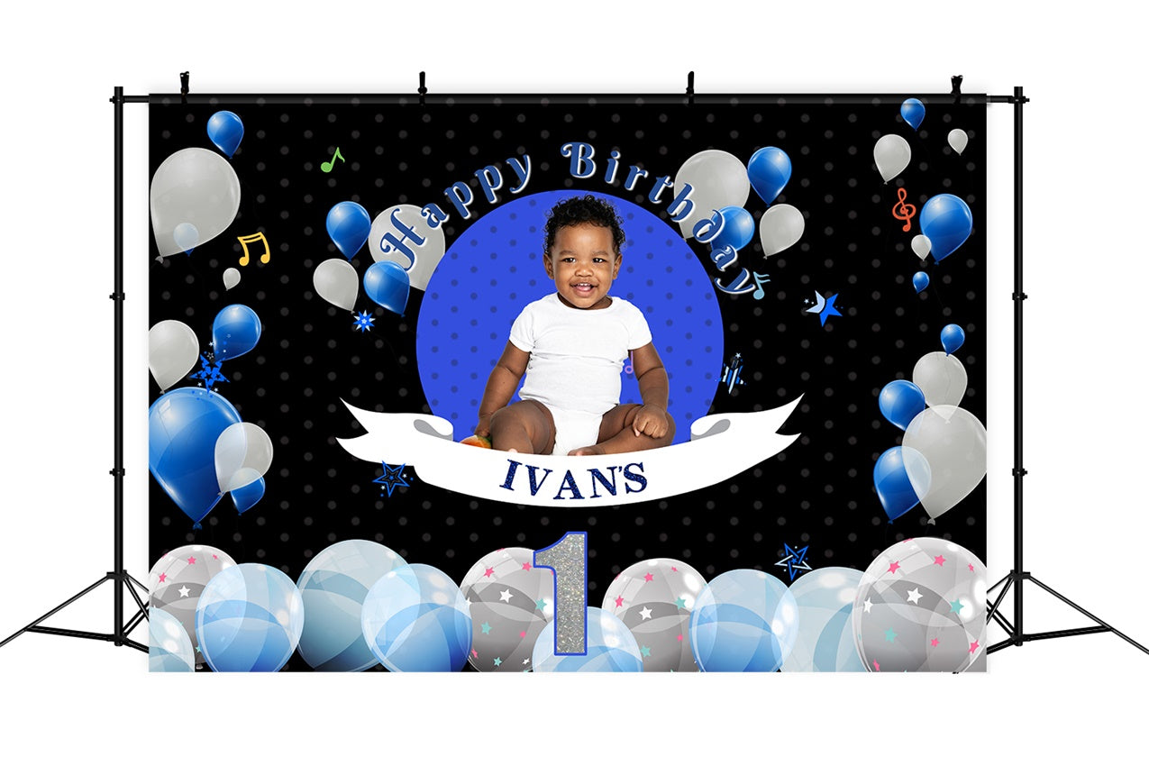 Personalized Birthday Backdrops Starry Blue White Balloon Backdrop RR1-16