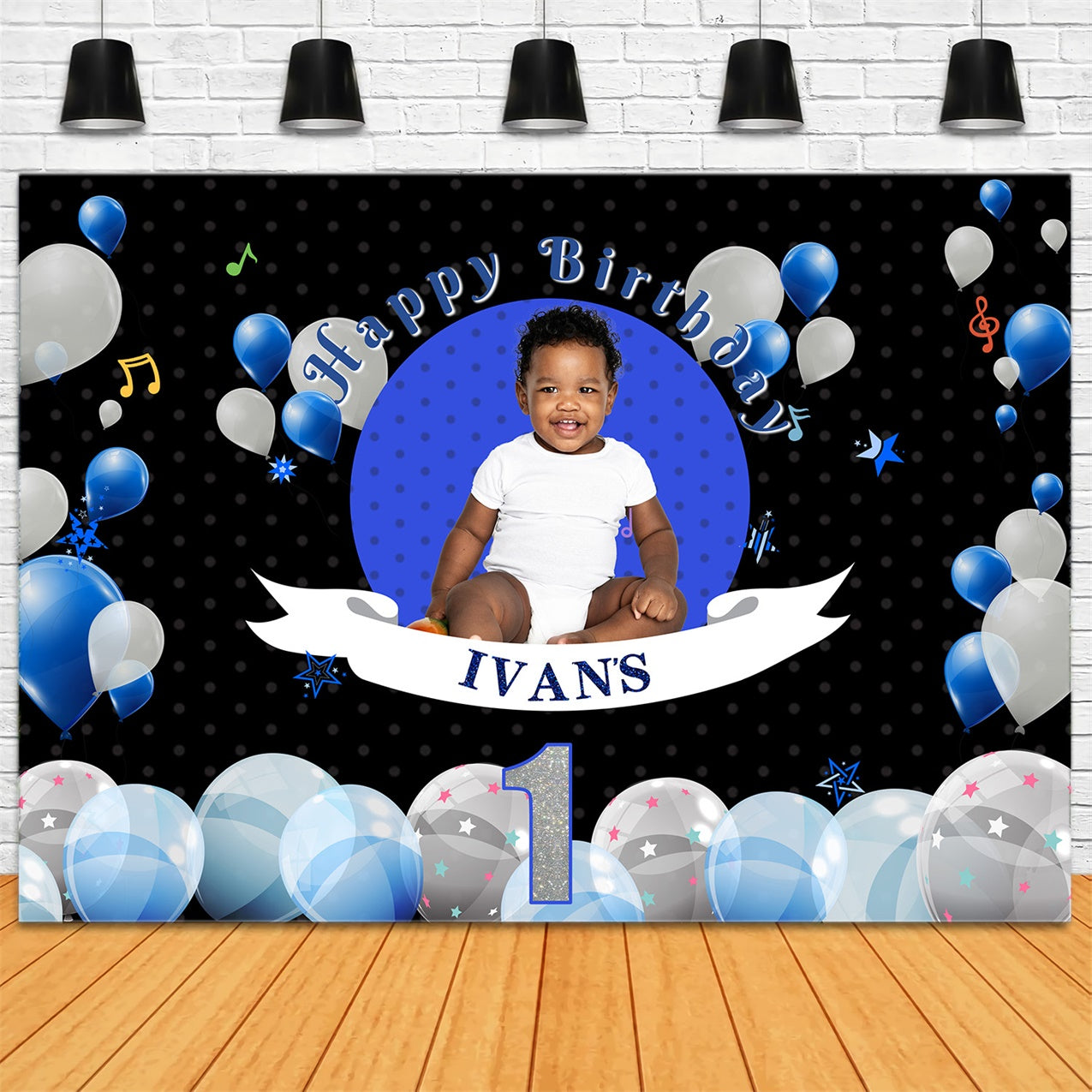 Personalized Birthday Backdrops Starry Blue White Balloon Backdrop RR1-16