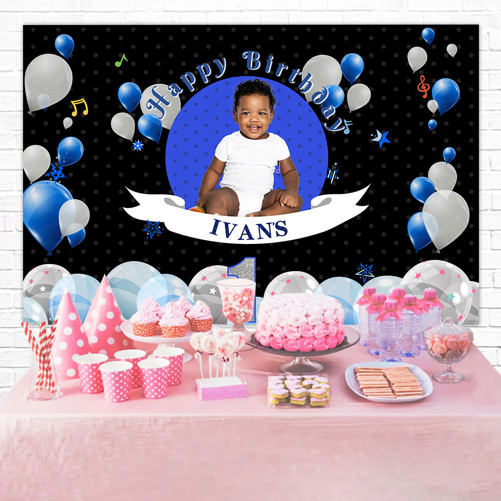 Personalized Birthday Backdrops Starry Blue White Balloon Backdrop RR1-16