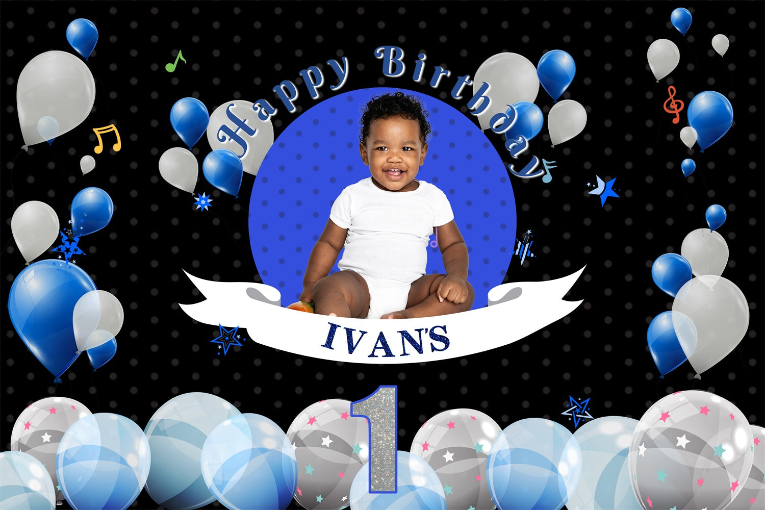 Personalized Birthday Backdrops Starry Blue White Balloon Backdrop RR1-16