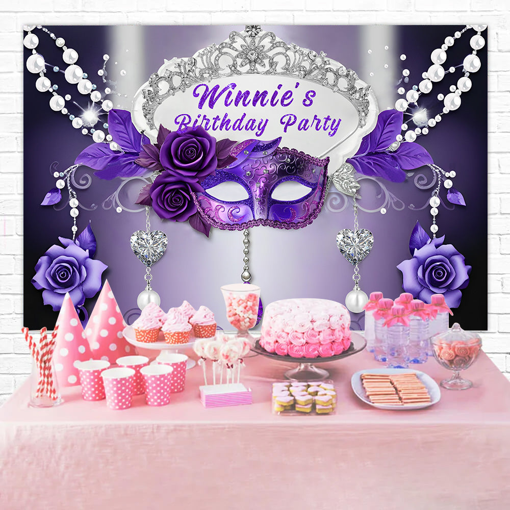 Custom Birthday Party Backdrop Purple Mask Rose Backdrop RR1-27