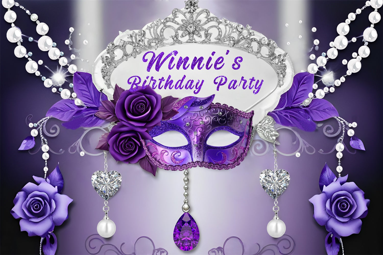 Custom Birthday Party Backdrop Purple Mask Rose Backdrop RR1-27