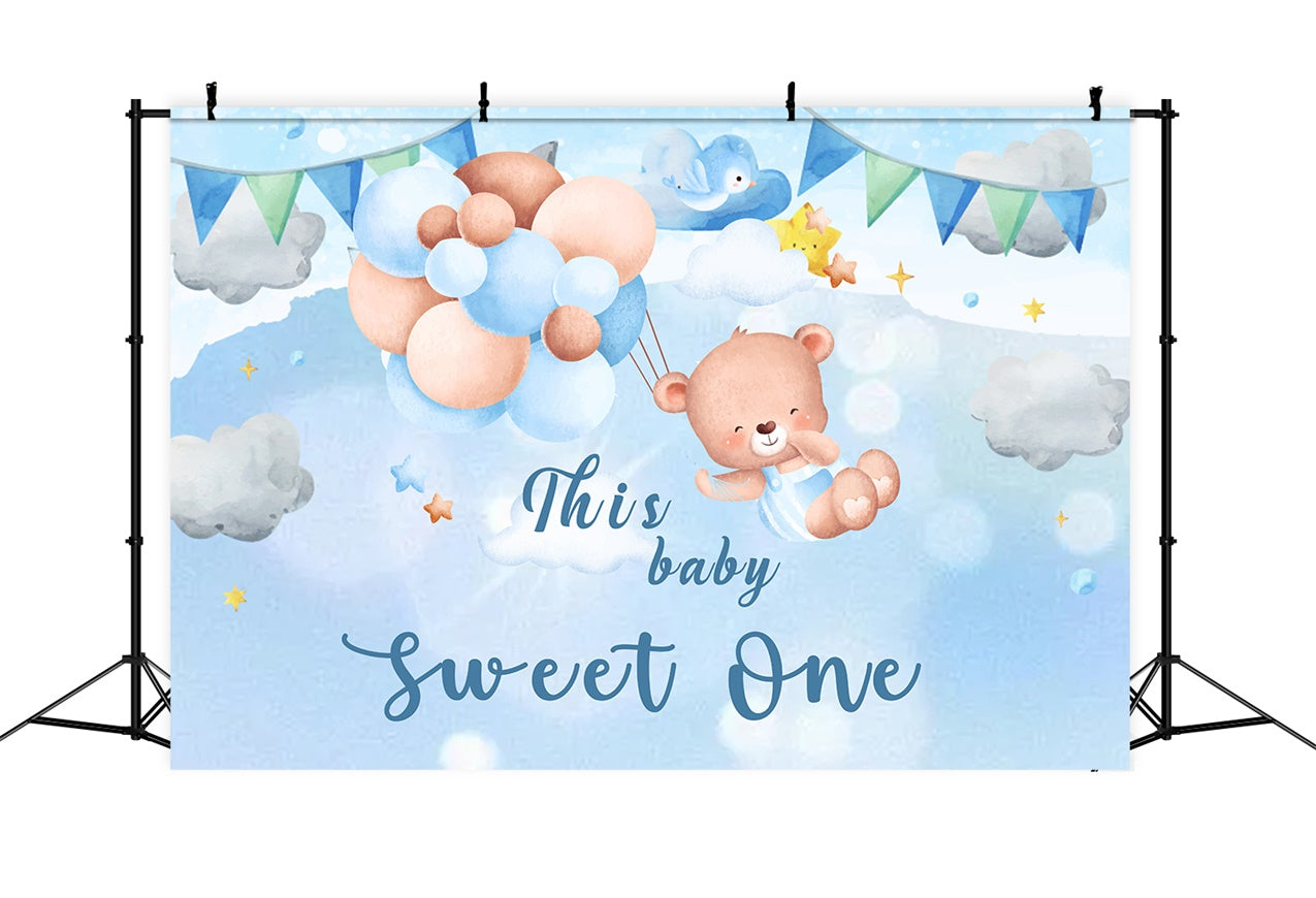 Personalized Birthday Photo Backdrop Teddy Sky Balloon Backdrop RR1-29