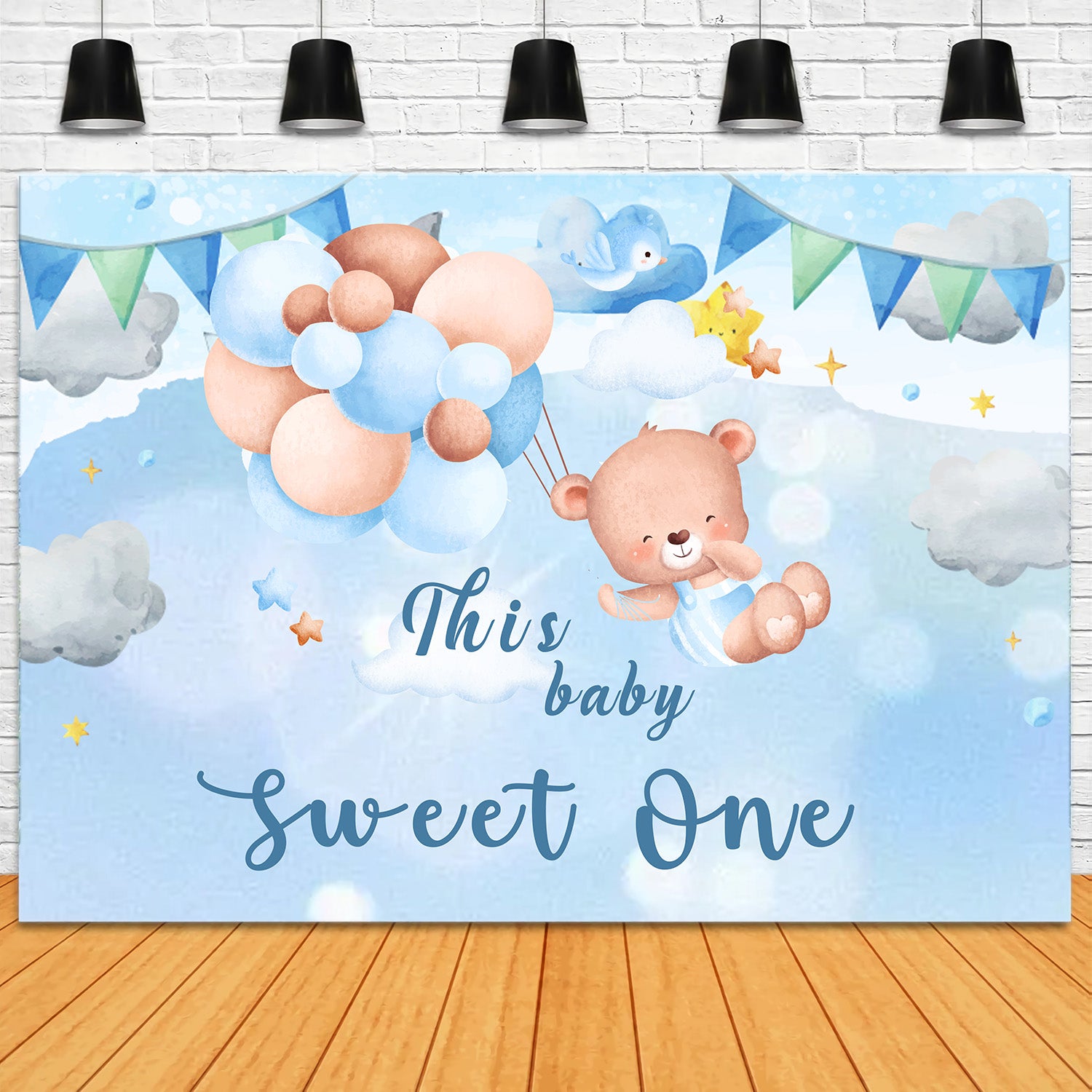 Personalized Birthday Photo Backdrop Teddy Sky Balloon Backdrop RR1-29