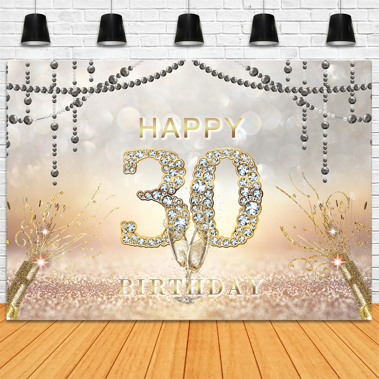 30th Birthday Backdrop Diamond Glitter Champagne Celebration Backdrop RR1-30