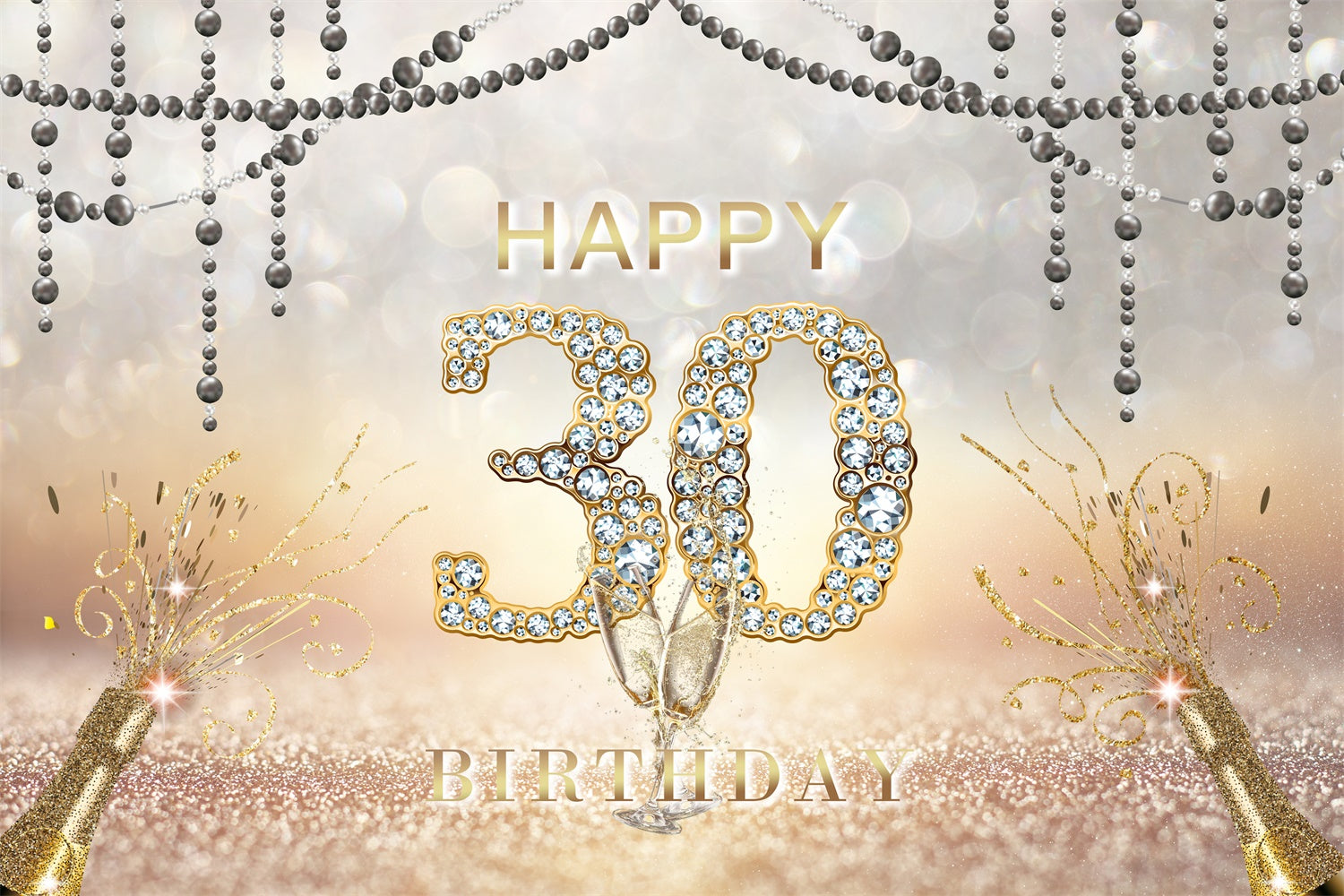 30th Birthday Backdrop Diamond Glitter Champagne Celebration Backdrop RR1-30