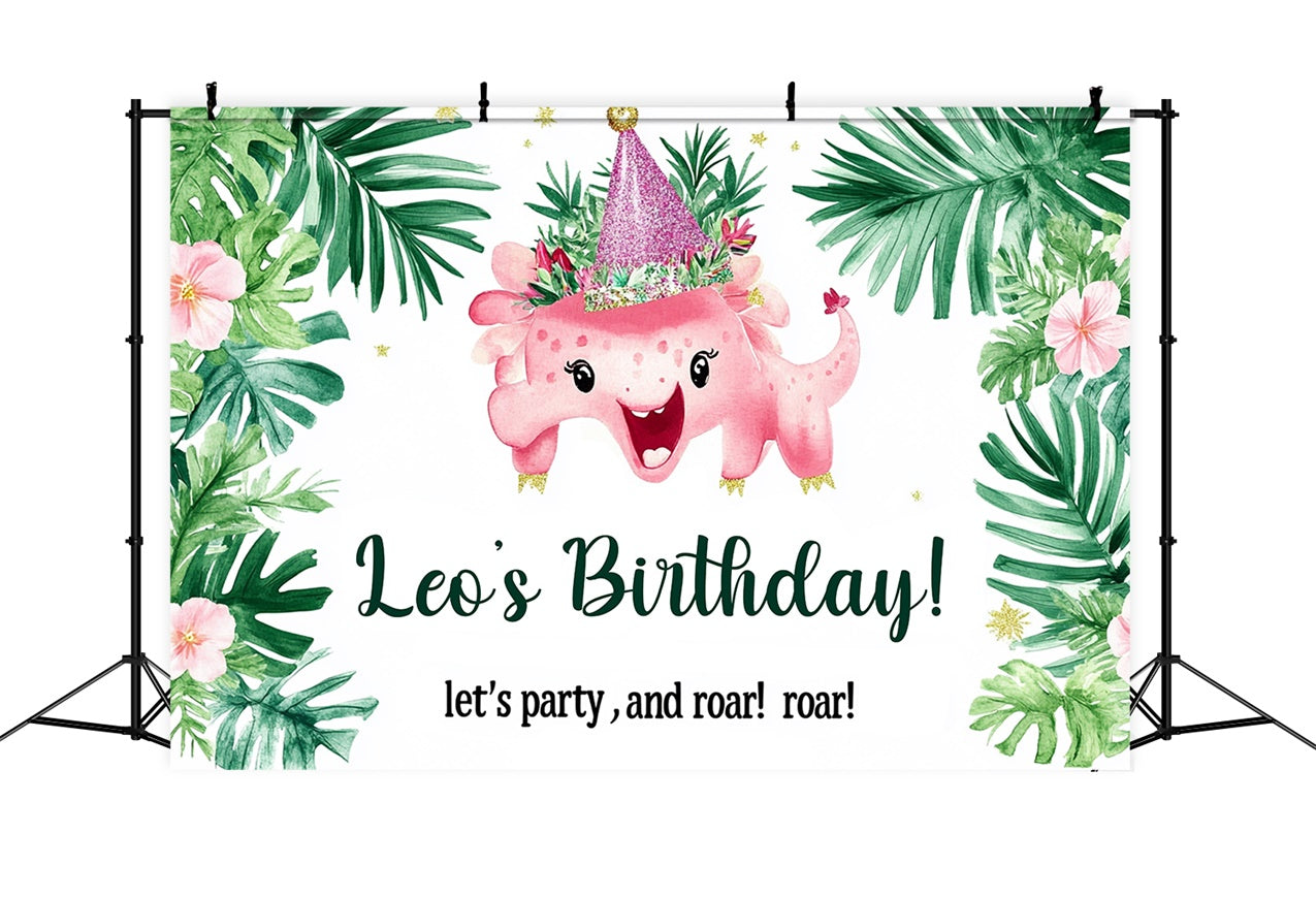 Custom Made Birthday Backdrops Tropical Leaves Dino Backdrop RR1-31