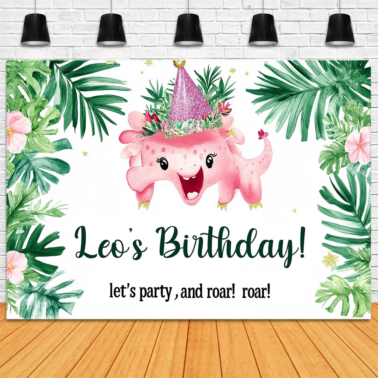 Custom Made Birthday Backdrops Tropical Leaves Dino Backdrop RR1-31