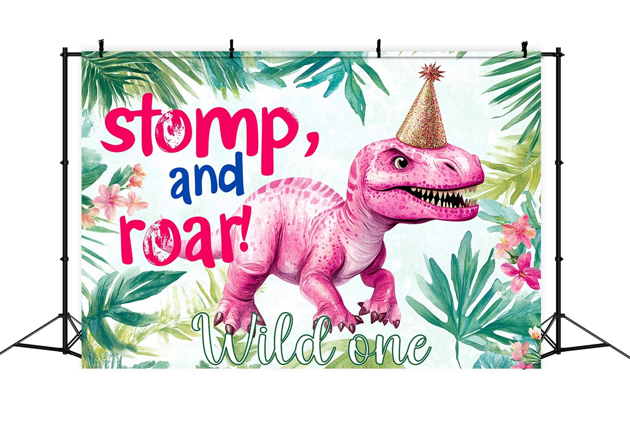 Birthday Backdrop Personalized Green Leaves Pink Dino Backdrop RR1-33