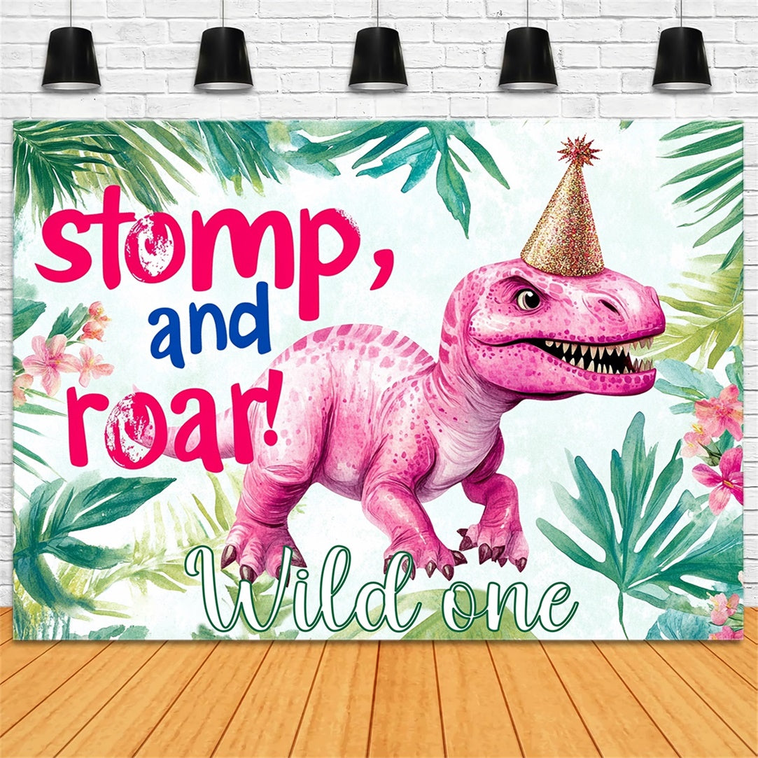 Birthday Backdrop Personalized Green Leaves Pink Dino Backdrop RR1-33