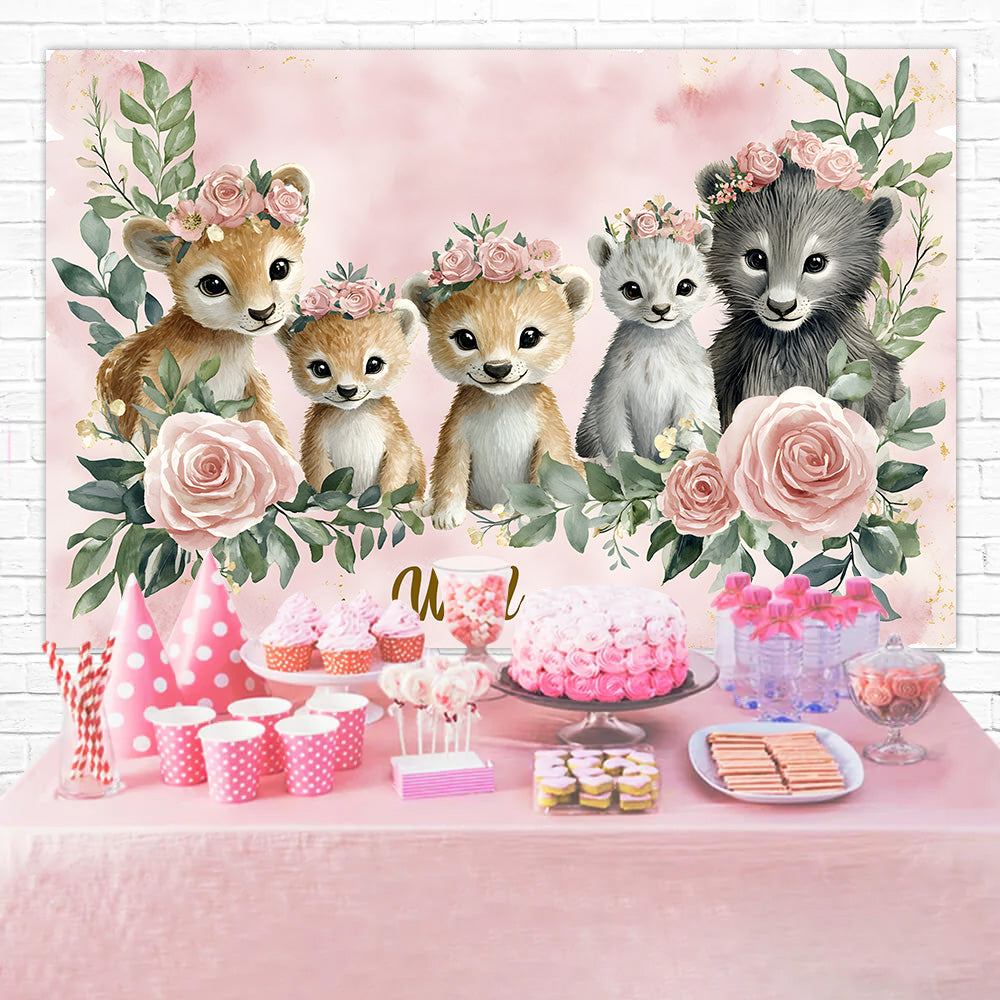 Personalized Birthday Backdrops Floral Animal Friends Backdrop RR1-38