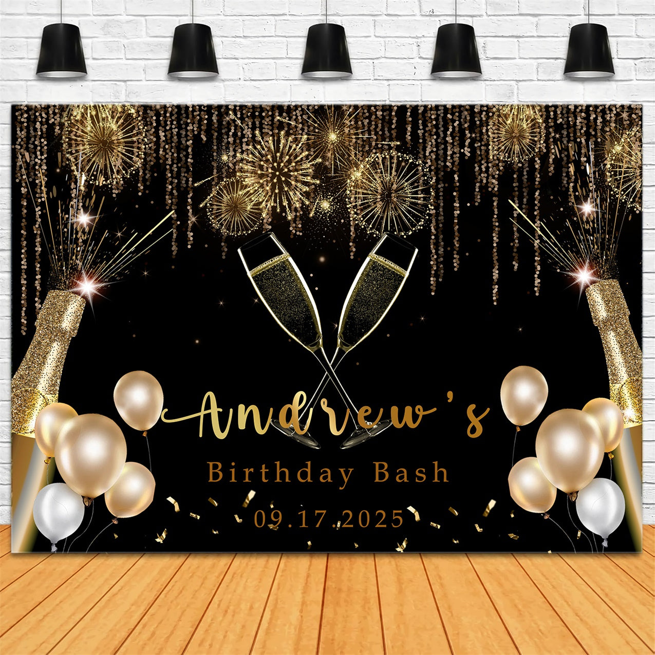 Custom Birthday Backdrop Sparkling Champagne Gold Balloon Backdrop RR1-4