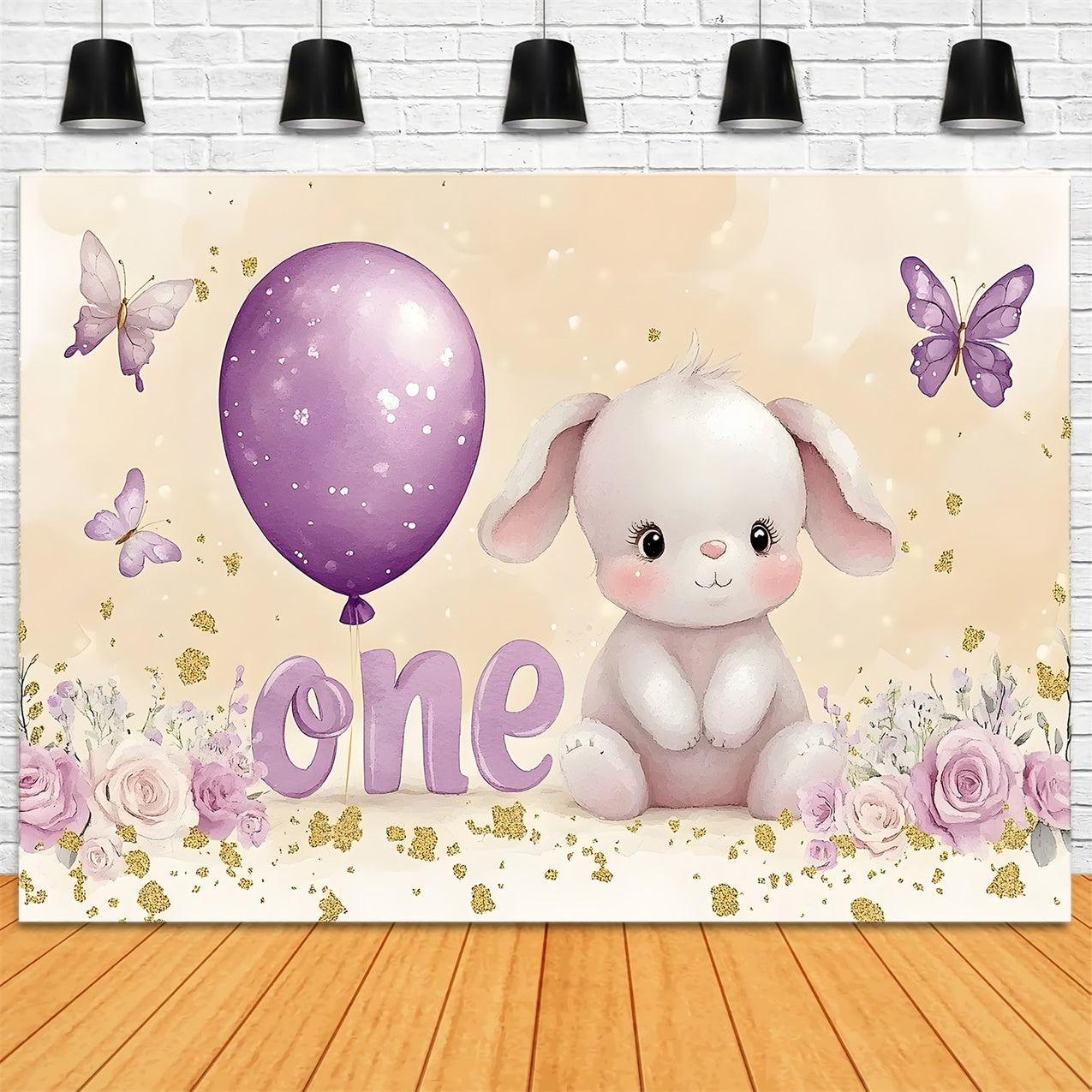 Personalized Backdrop For Birthday Purple Balloon Bunny Backdrop RR1-40