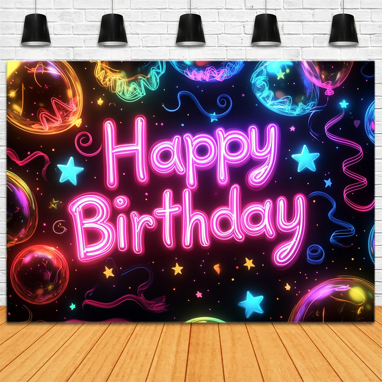 Custom Made Birthday Backdrops Neon Balloon Stars Backdrop RR1-46