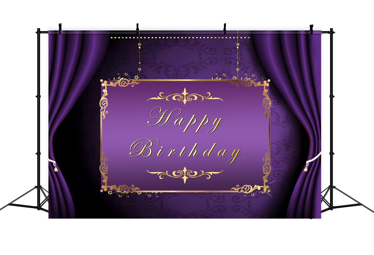 Customized Backdrop For Birthday Golden Frame Purple Backdrop RR1-48