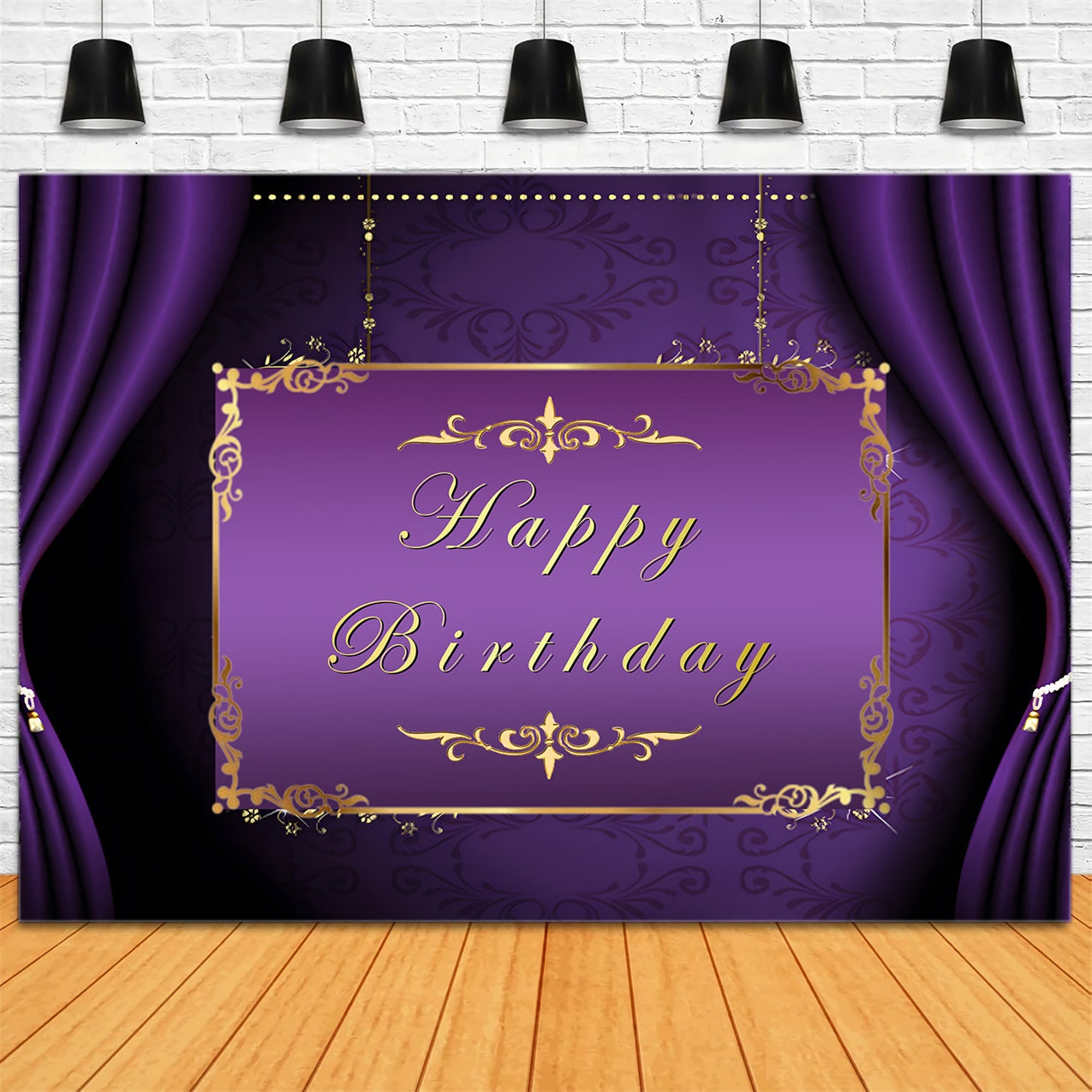 Customized Backdrop For Birthday Golden Frame Purple Backdrop RR1-48