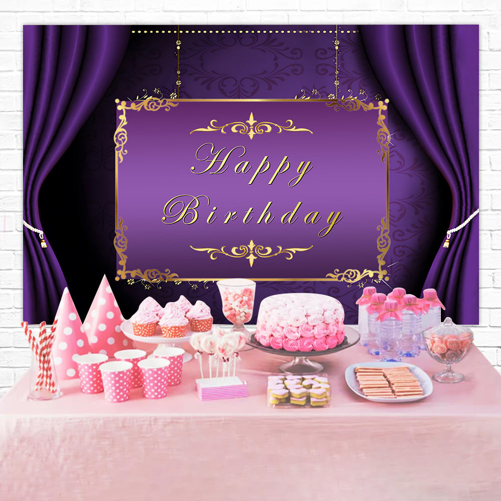 Customized Backdrop For Birthday Golden Frame Purple Backdrop RR1-48