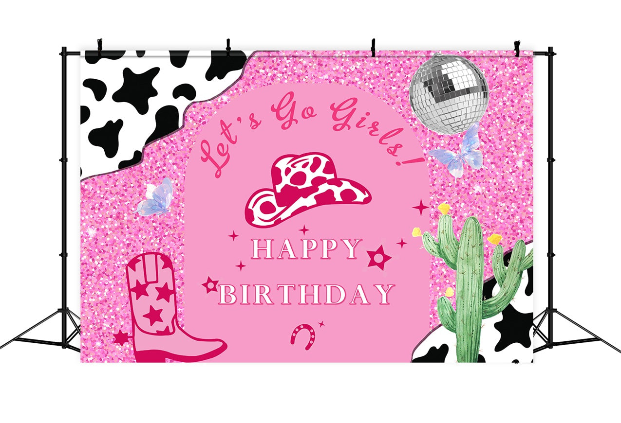 Personalized Birthday Photo Backdrop Sparkling Cowgirl Pink Backdrop RR1-54