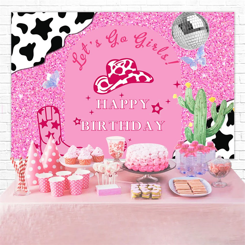 Personalized Birthday Photo Backdrop Sparkling Cowgirl Pink Backdrop RR1-54